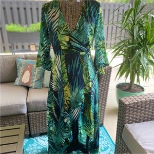 Green palm leaf wrap dress